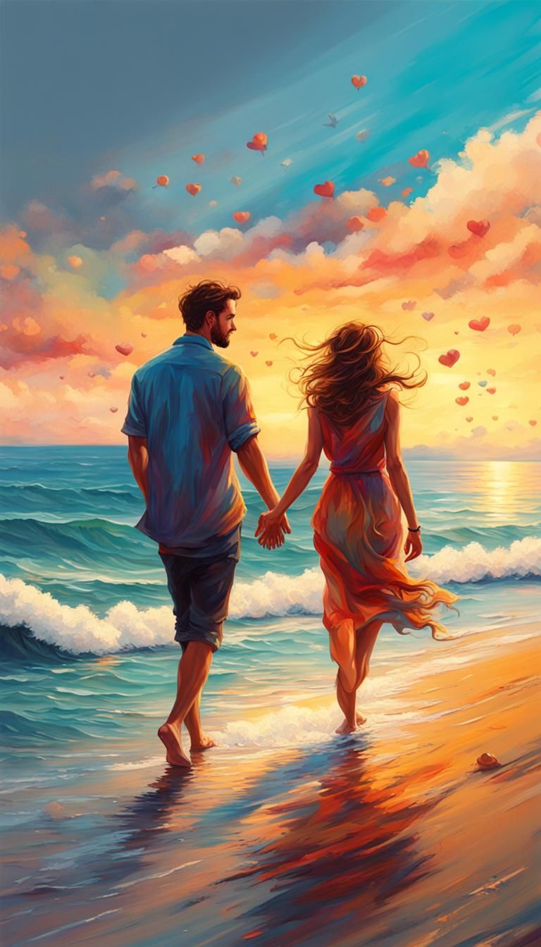 Couple in Love Walking on Ocean Shore