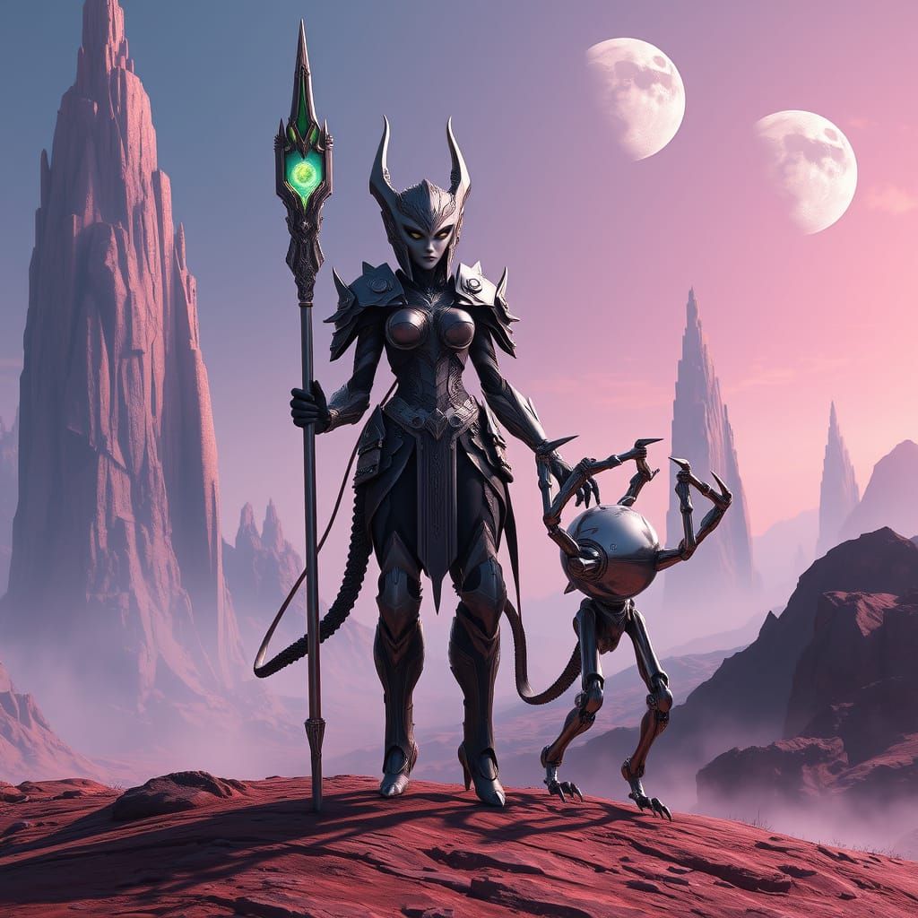 Alien Mech Mage and Robotic Assistant on Crystal Planet