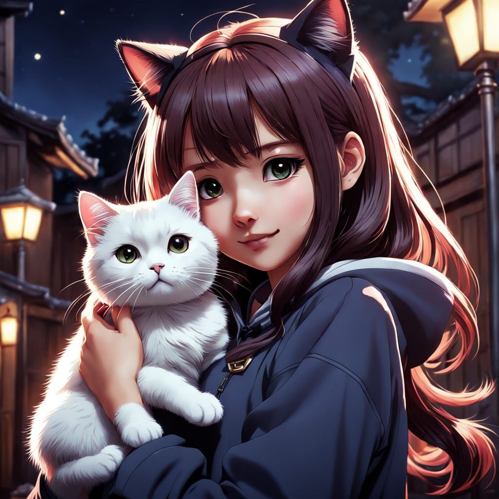 Kawaii Girl with Cat in Anime Style