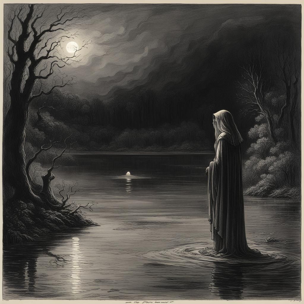 Girl and La Llorona at Midnight: Horror Illustration