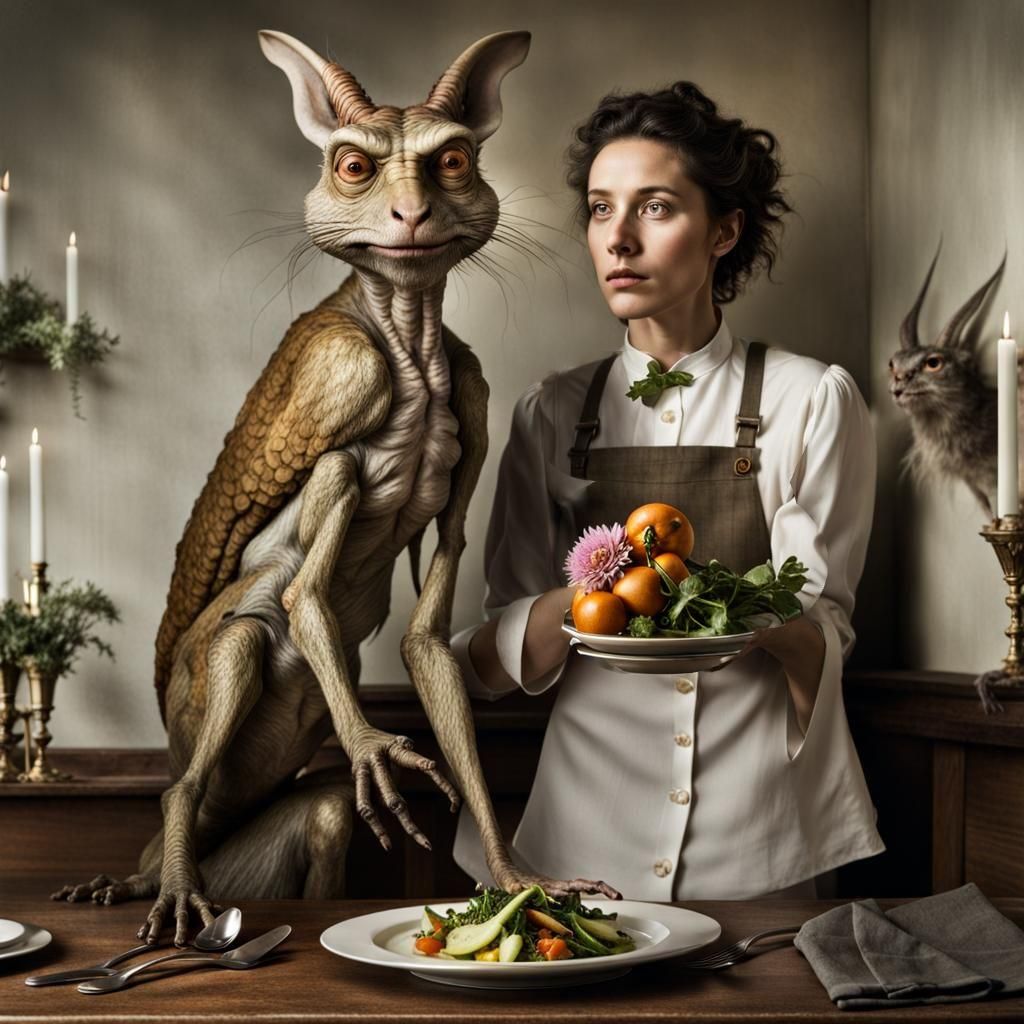 Bizarre Creatures Feast in Surreal Restaurant, Detailed Pain...
