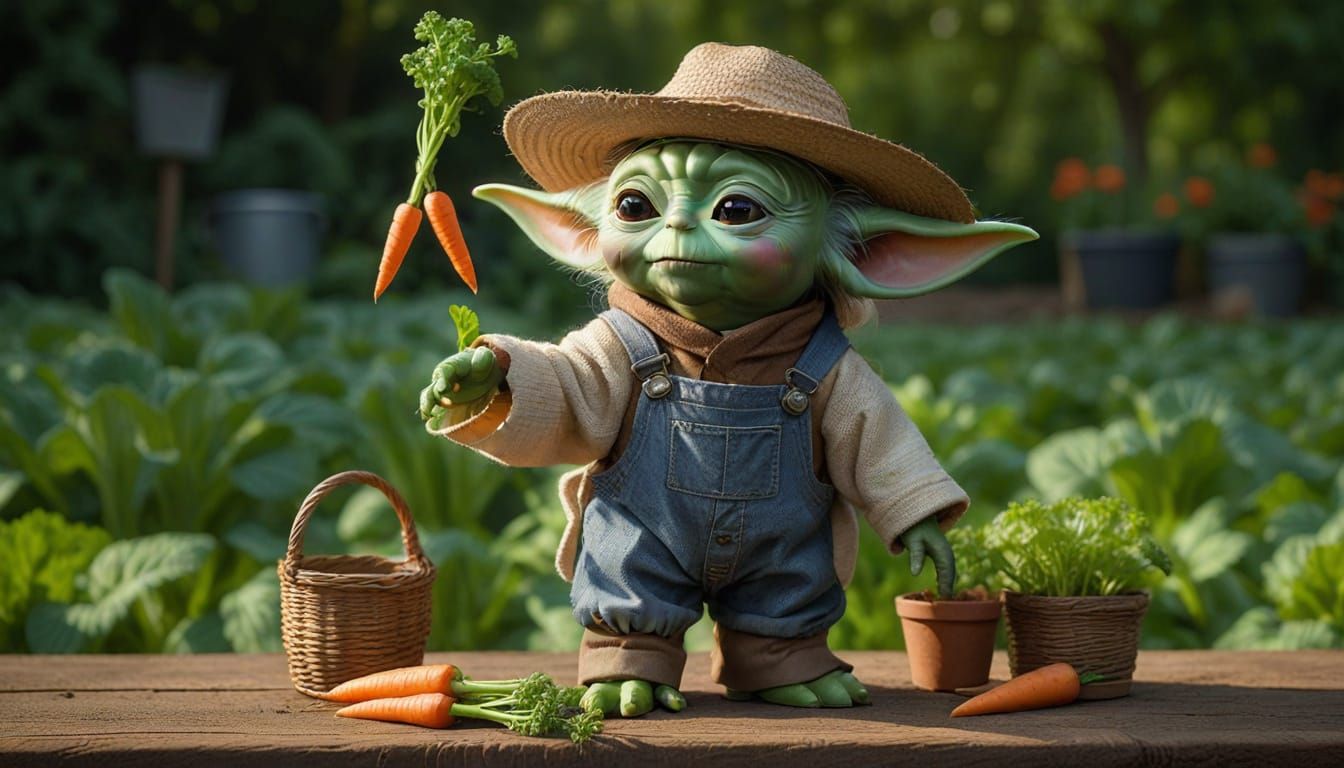 Yoda Farmer Levitating Carrots in Garden