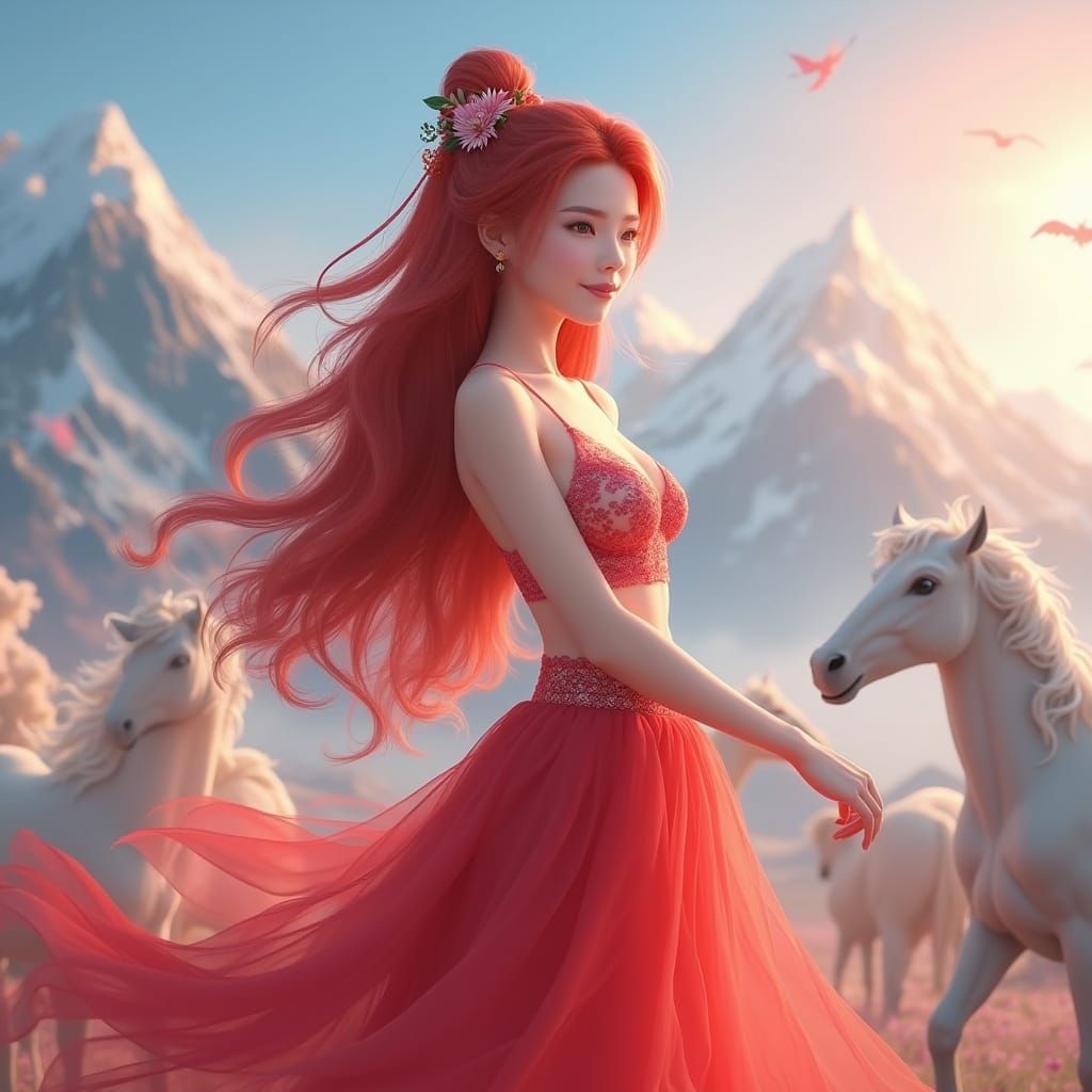 Anime Woman with Red Hair and Pastel Horses