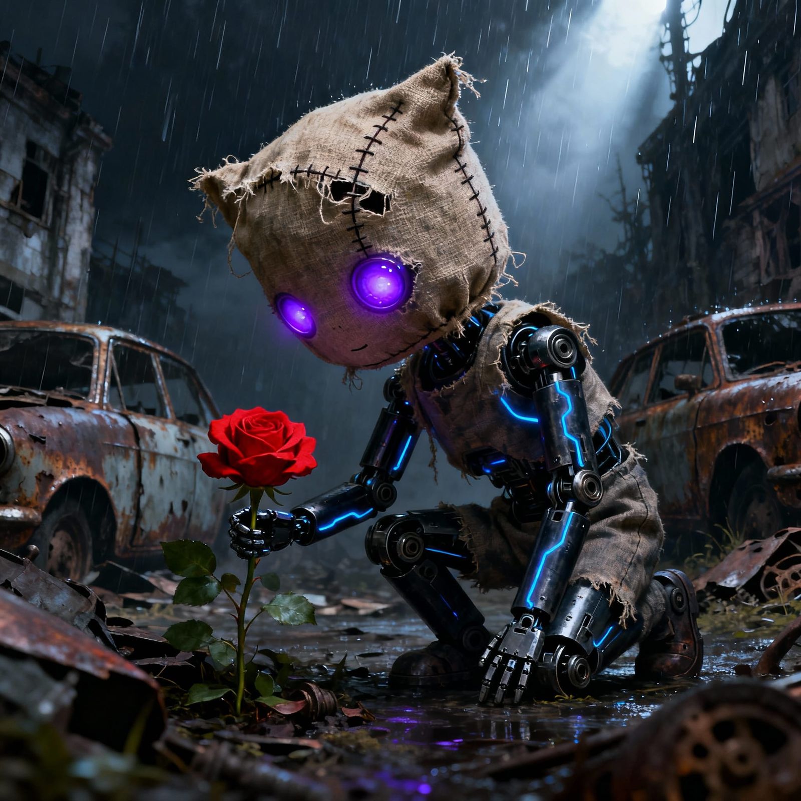 Robot with Burlap Puppet Head Reaches for Rose in Dystopian ...