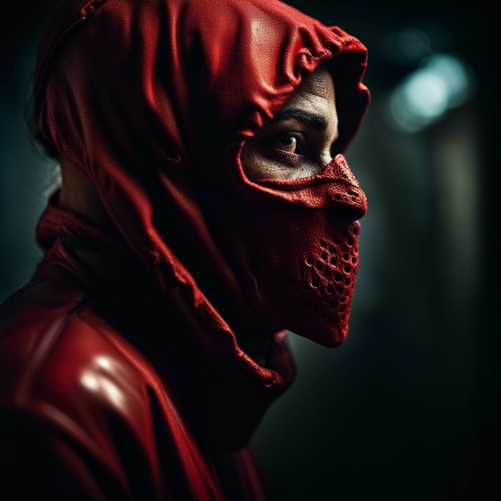 Intense Portrait of Masked Figure in Dramatic Lighting