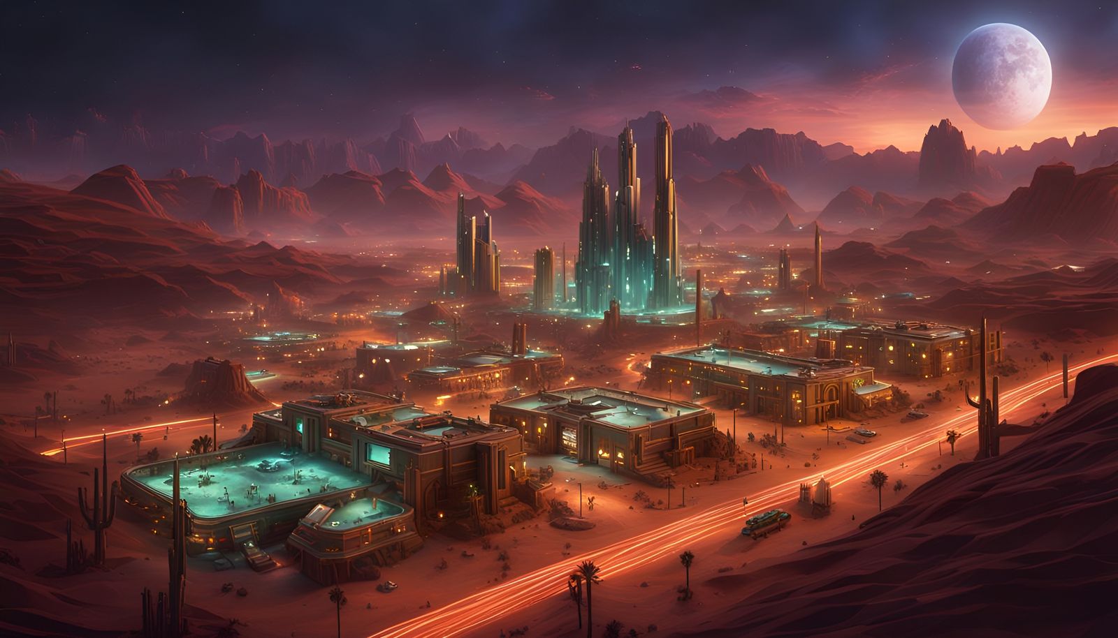 Futuristic Desert City on Exoplanet at Night