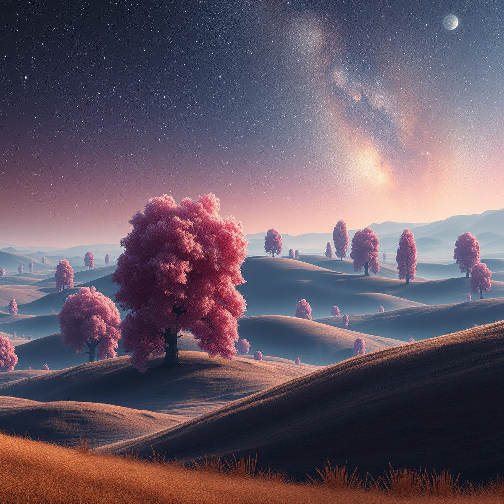 Cosmic Countryside: Iridescent Trees Under Starry Skies