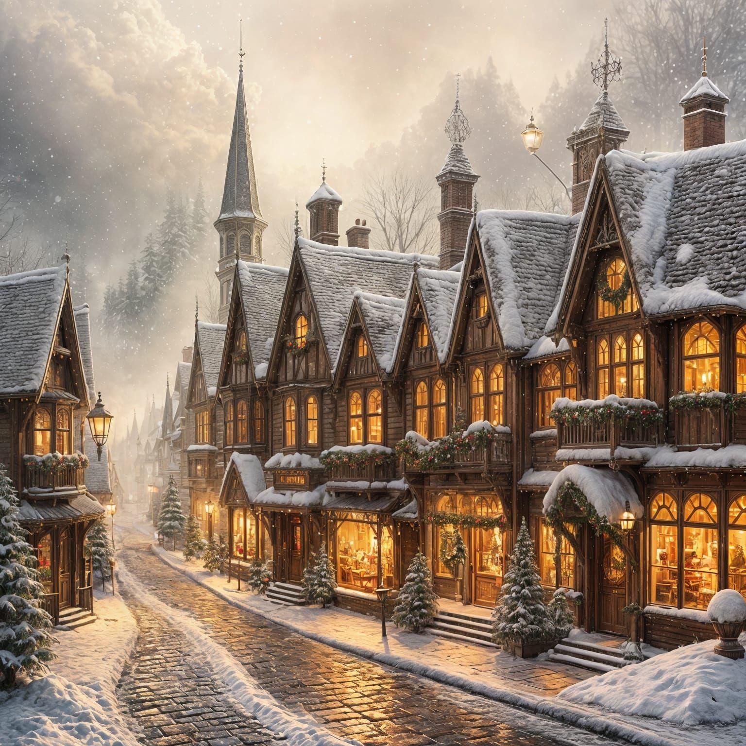 Victorian Christmas Village Under Ethereal Fantasy Light