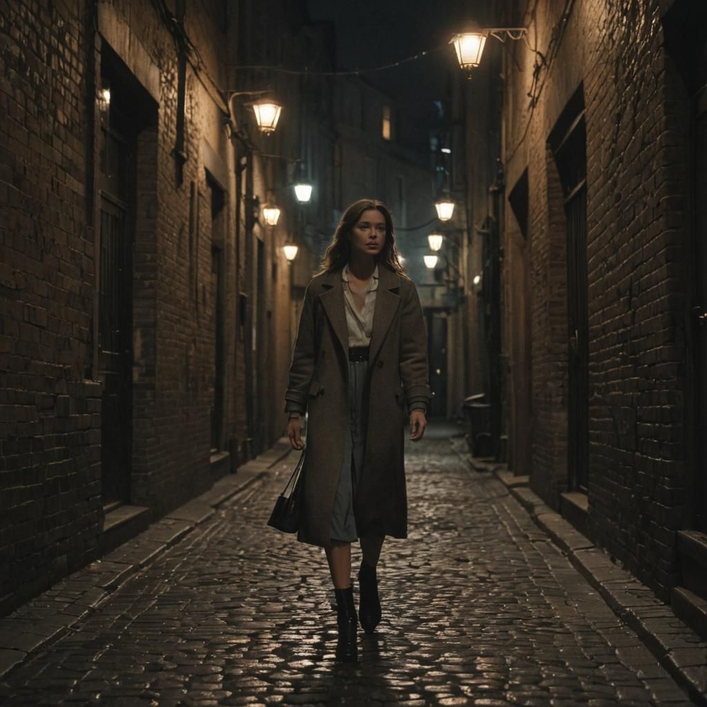 Photorealistic Woman Walking in Dimly Lit Alley at Night
