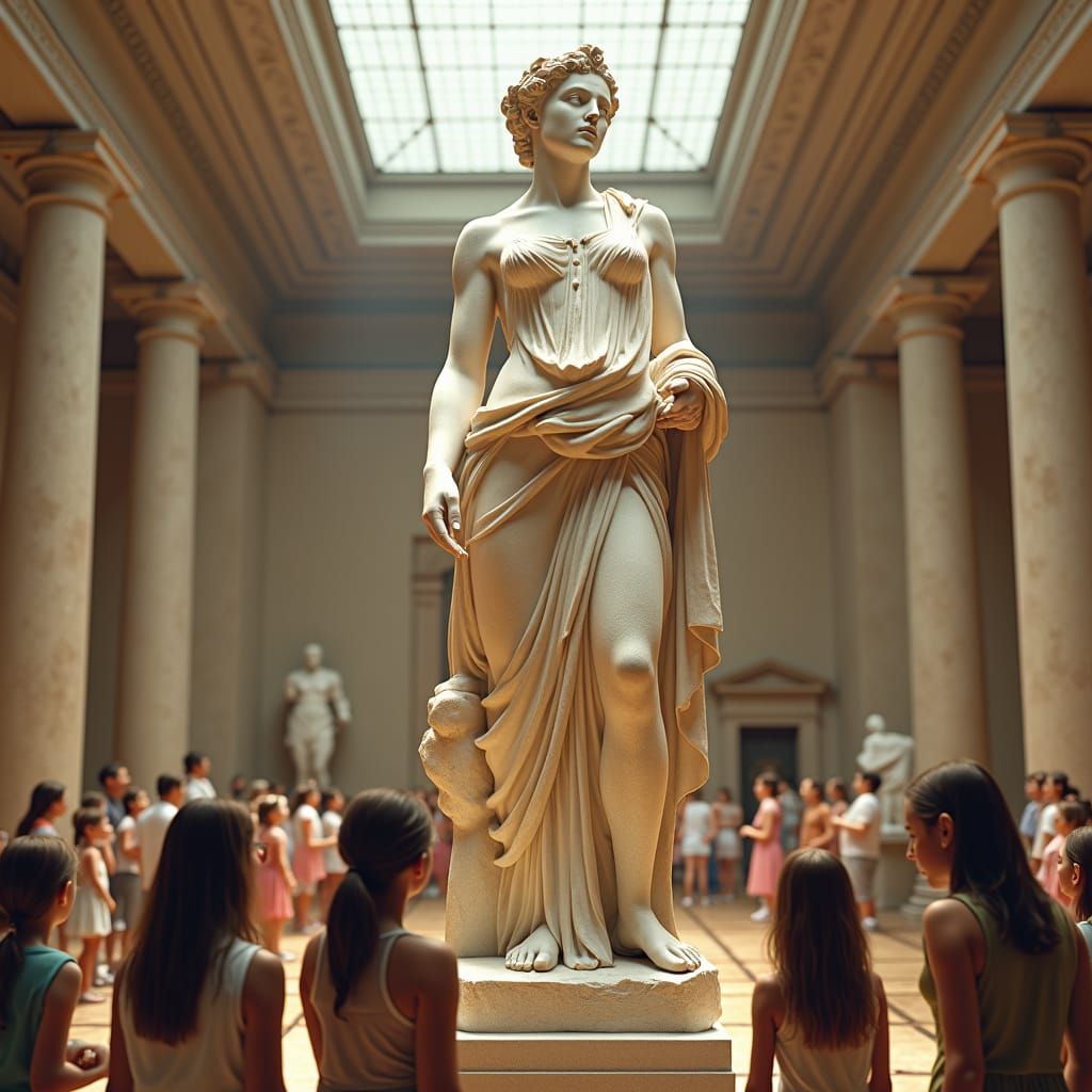 Majestic Greek Goddess Statue in Museum, Hyperrealistic Art