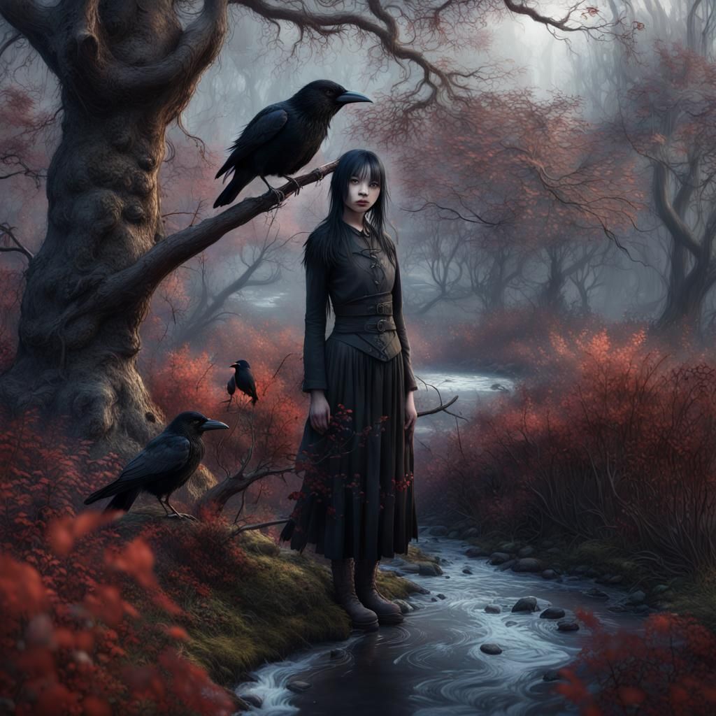 Asian Goth Girl and Crows in Hyperrealist Photo