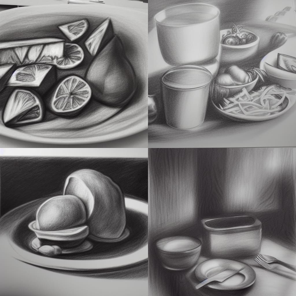 Hyperdetailed Charcoal Drawing of a Lunch Scene