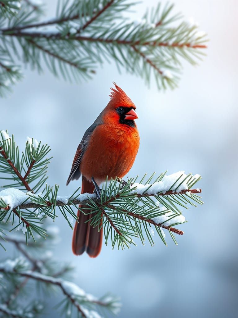 Vibrant Winter Cardinal on Pine Tree in 3D Semi-Realistic St...