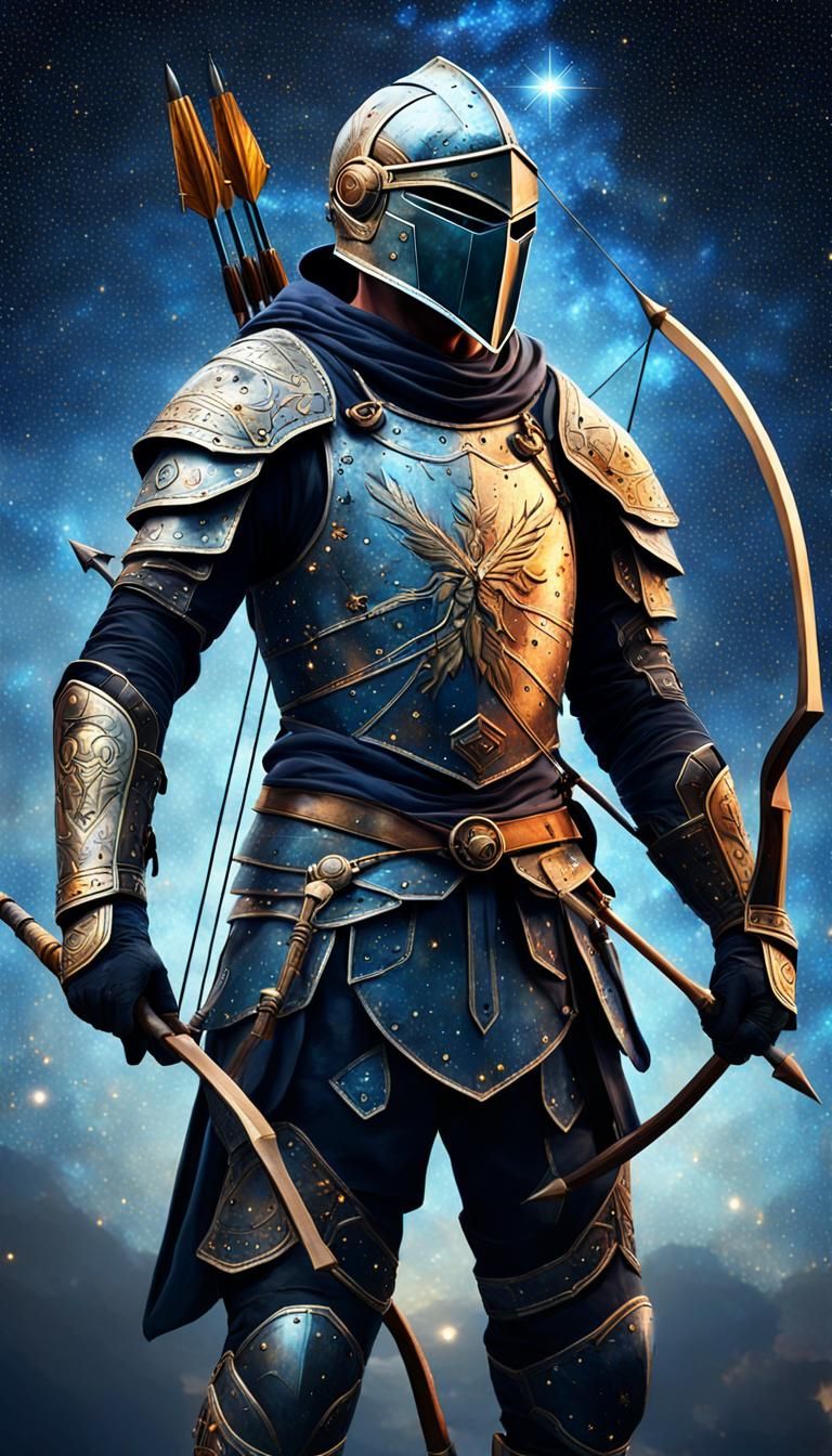 Sagittarius zodiac sign reimagined as a humanoid archer knight, donning a helmet infused with Archer motifs, texture of ...