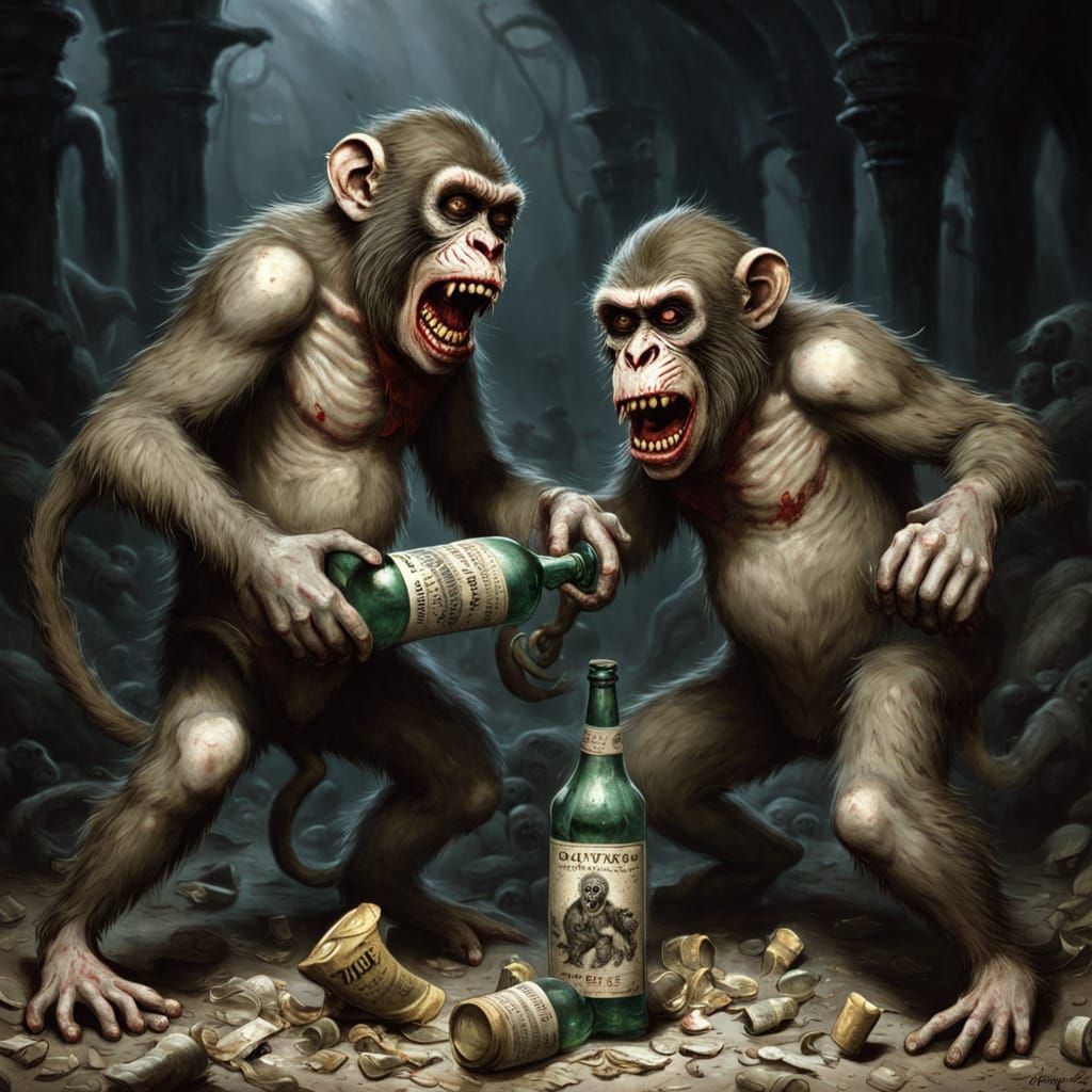 Zombie Monkey Clowns Brawl in Horror Etching Style