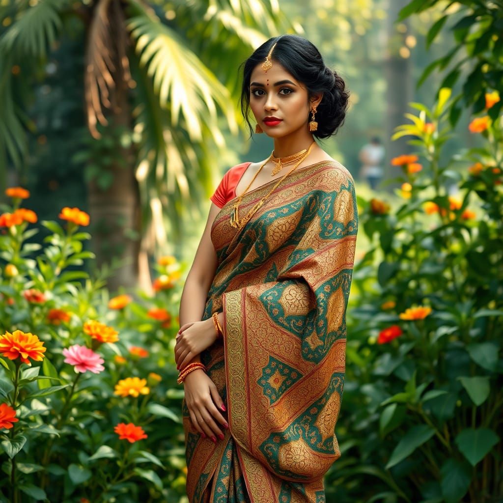 Elegant Woman in Ornate Saree in Lush Garden