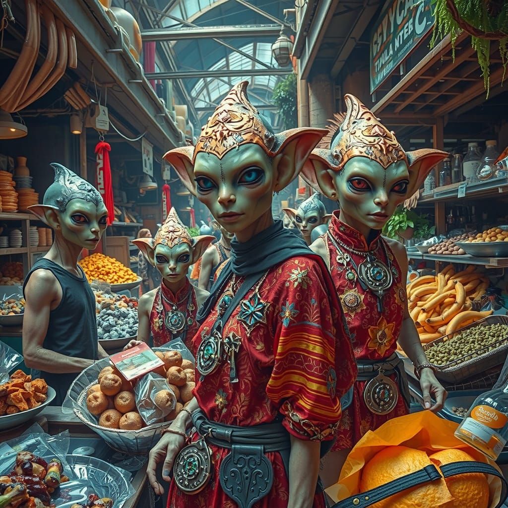 Vibrant Alien Market with Glowing Gadgets