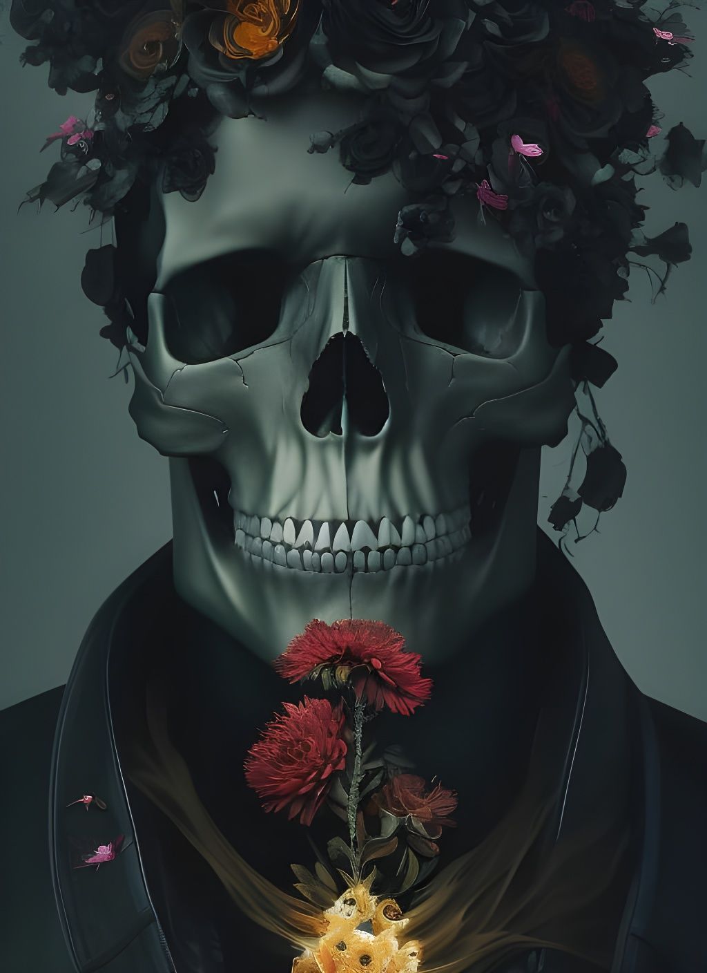 Skull Exploding in Flower Flames: Digital Masterpiece