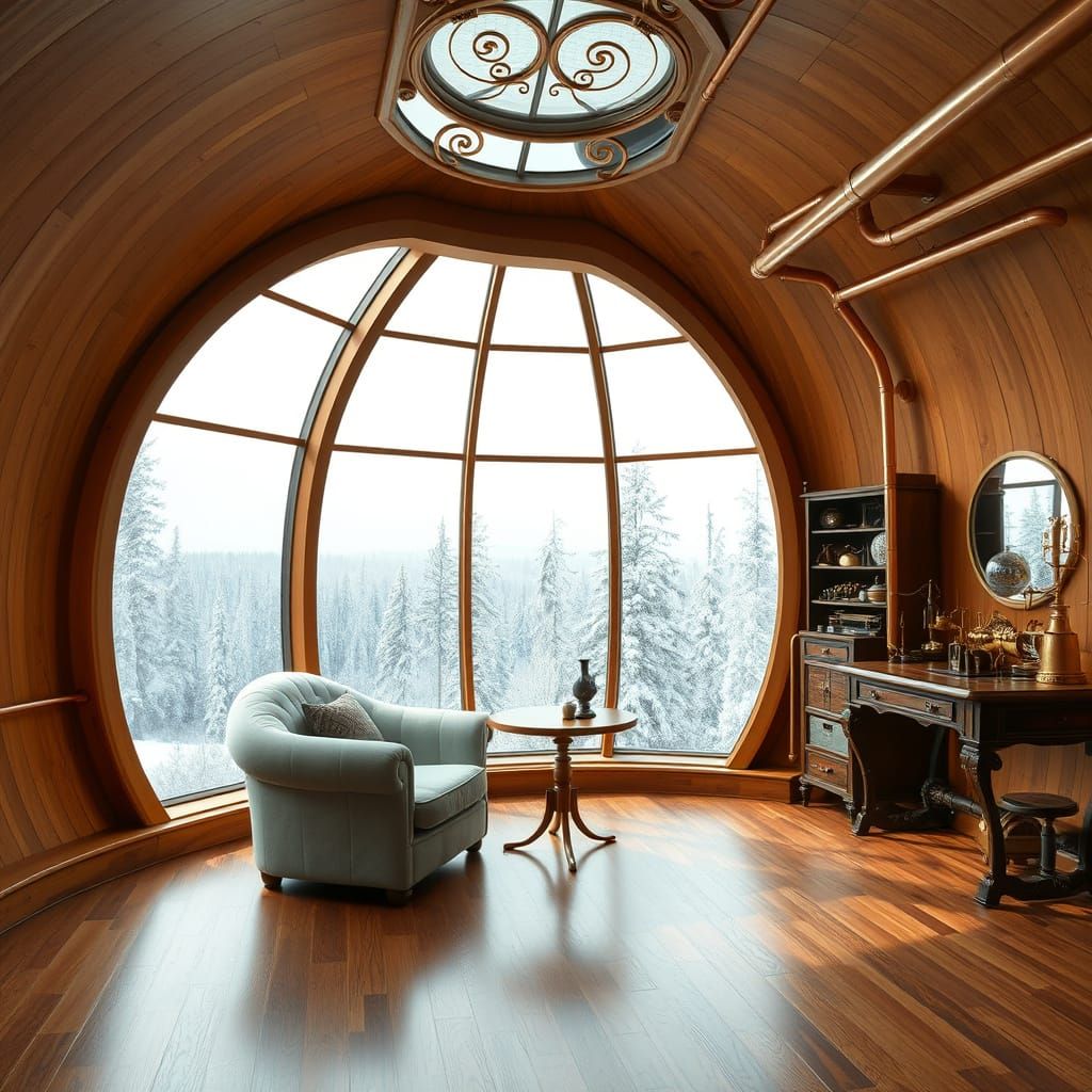 Warm Steampunk Geodesic Dome in Snowy Arctic Forest