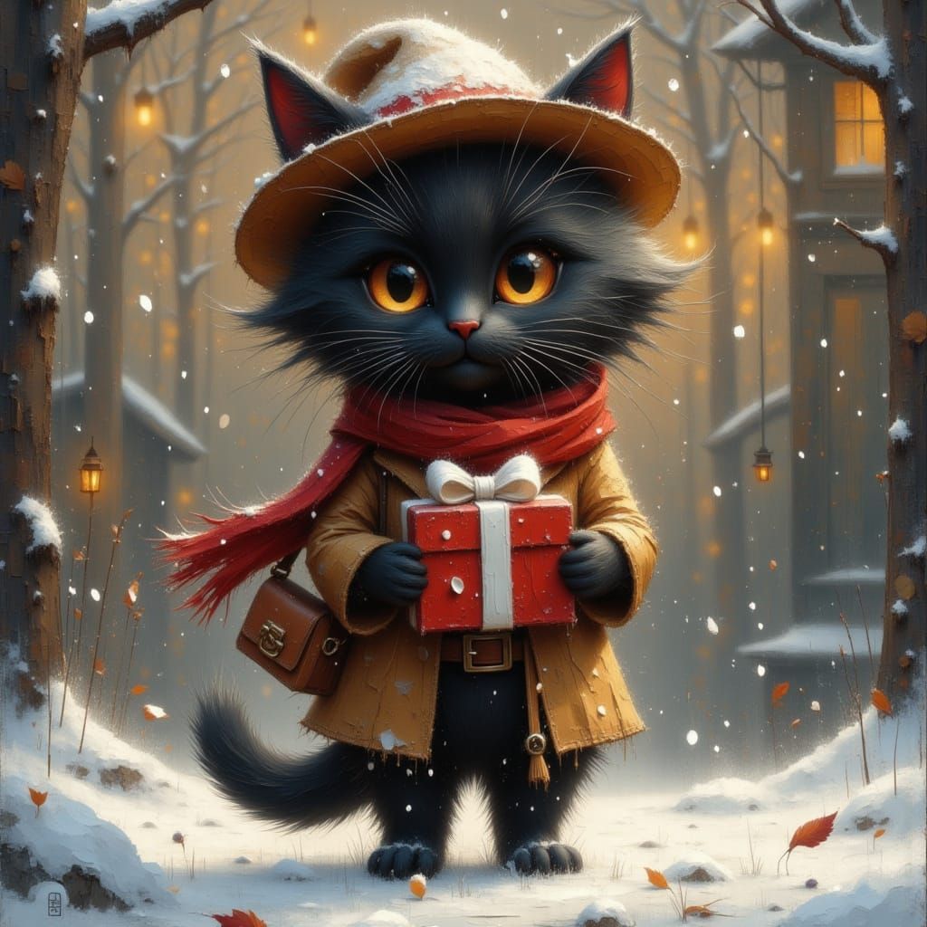 Art Nouveau Punk Cat Holds Gift in Snowy Yard