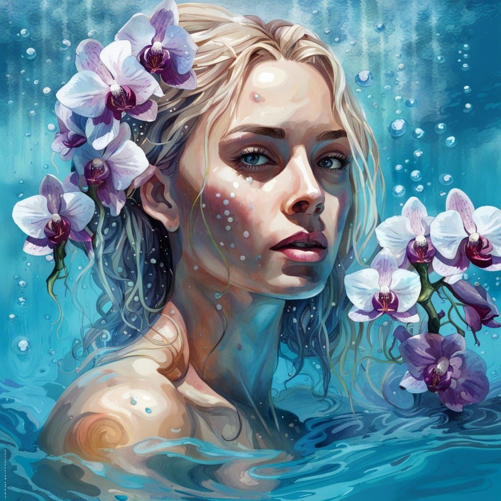 Watercolor Swimming Pool with Woman and Orchids