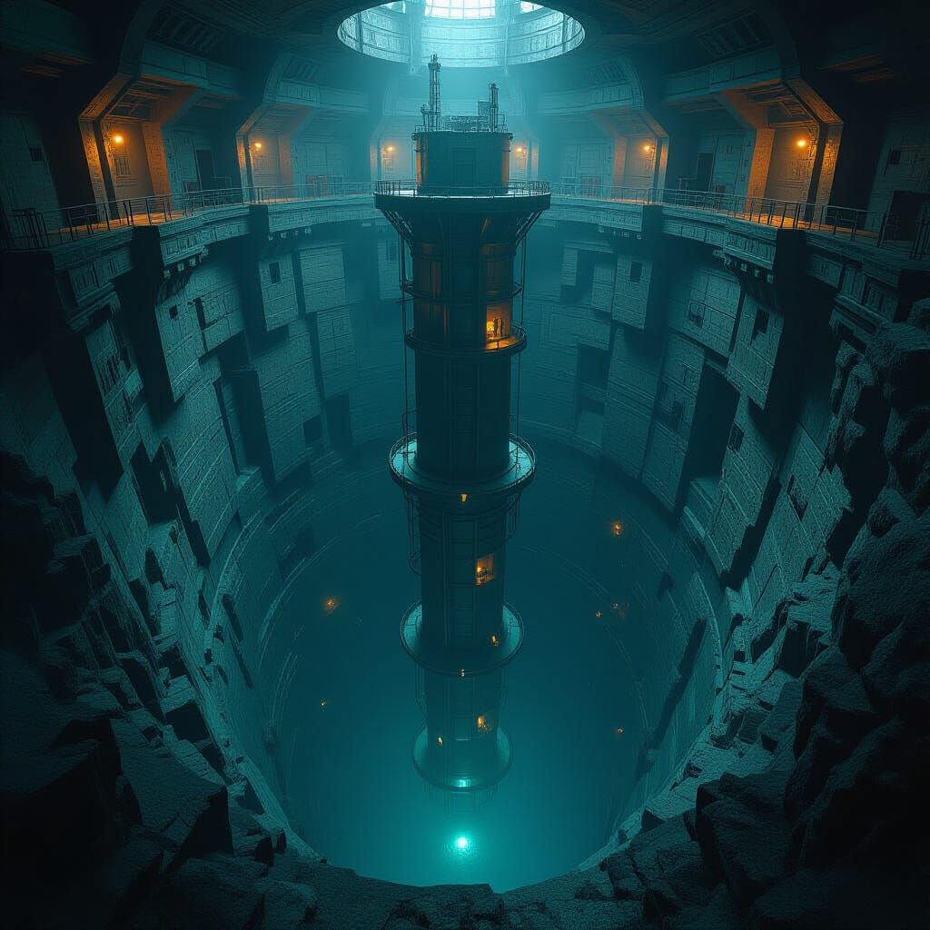 Endless Well Shafts with Retrofuturistic Industrial Lighting