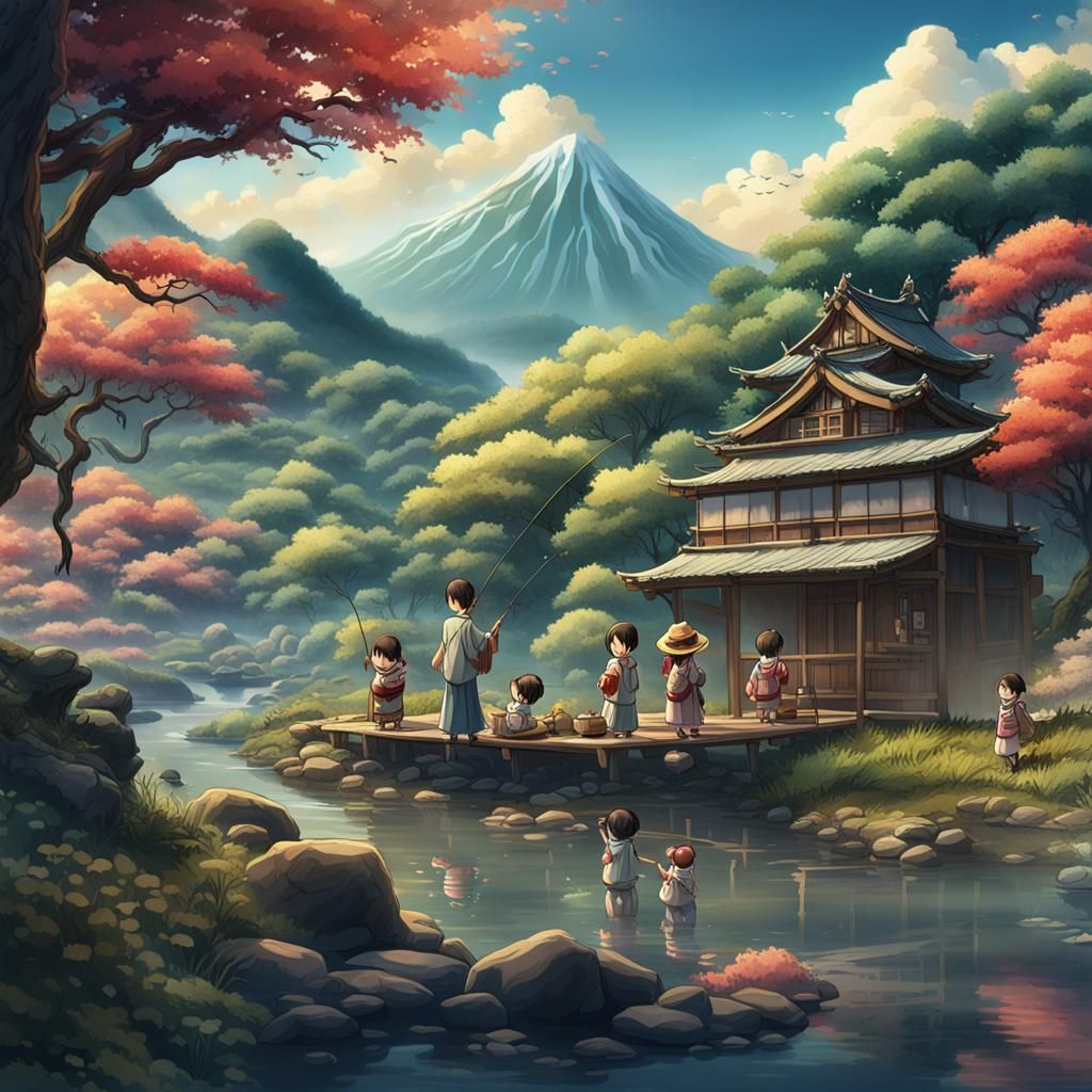 Japanese Family Fishing in Manga Style