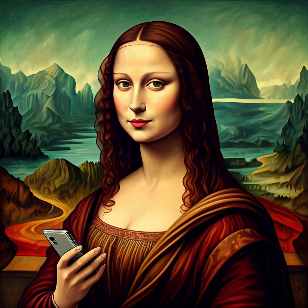 Mona Lisa with Cellphone in Renaissance Pop Art Style