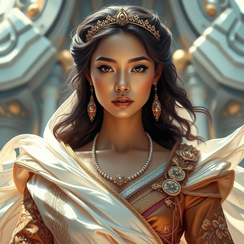 Futuristic Queen Portrait in Opulent Royal Garments