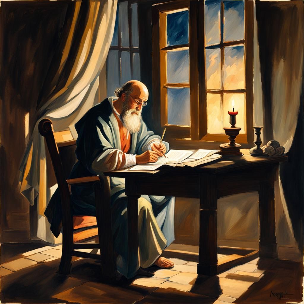 Apostle Paul Writing: Gouache Impressionist Masterpiece
