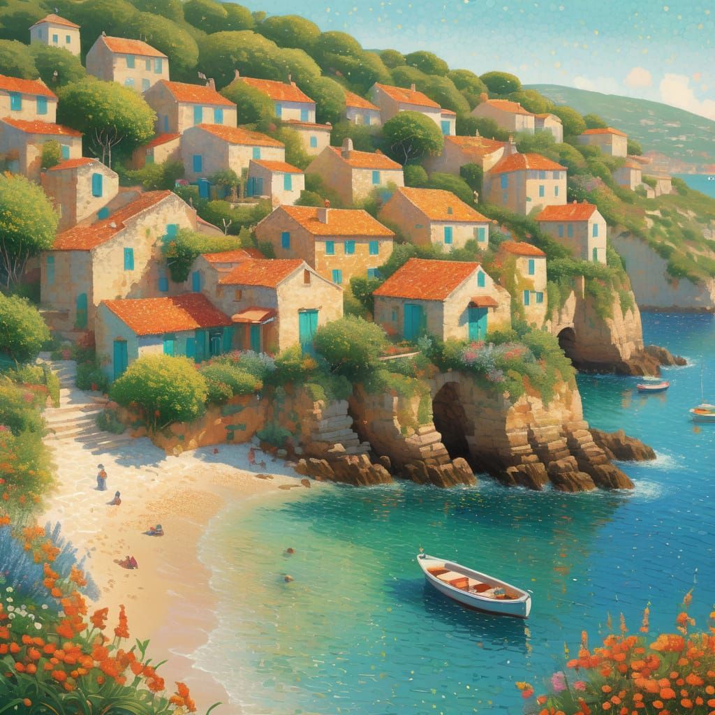 Surreal Mediterranean Village Shimmers in Pointillist Beauty
