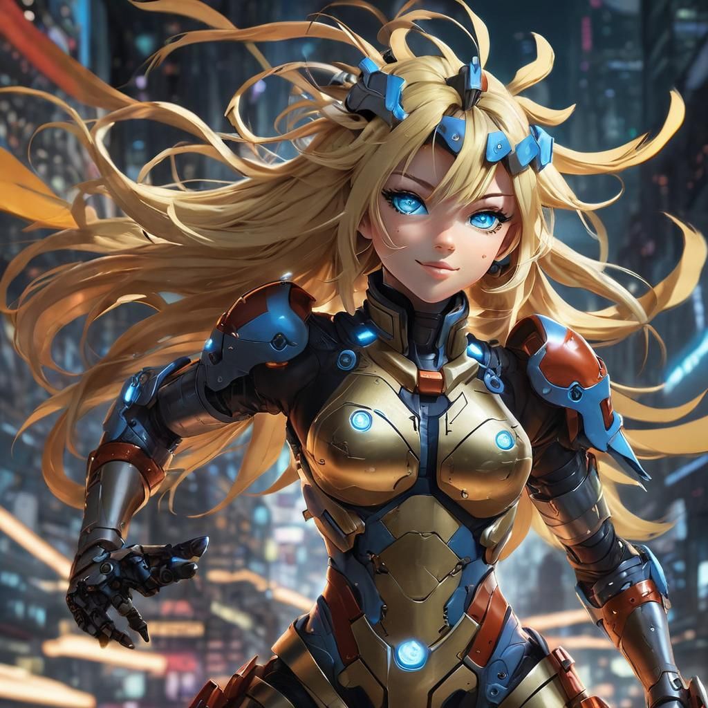 Blonde Cyborg Girl in Cyberpunk Anime Style