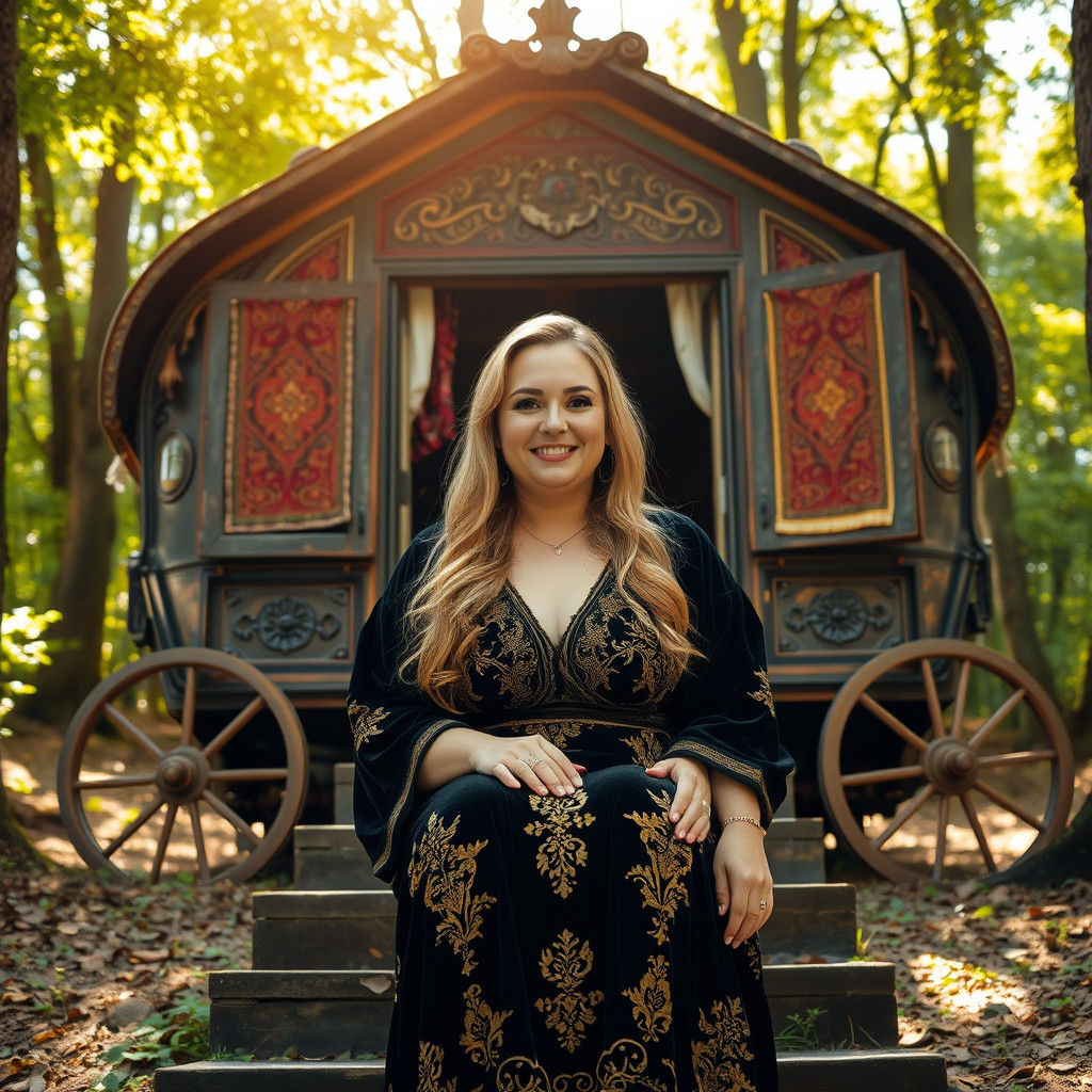 Een oude gypsy wagen met een mooie blonde zigeunerin,ze draa...