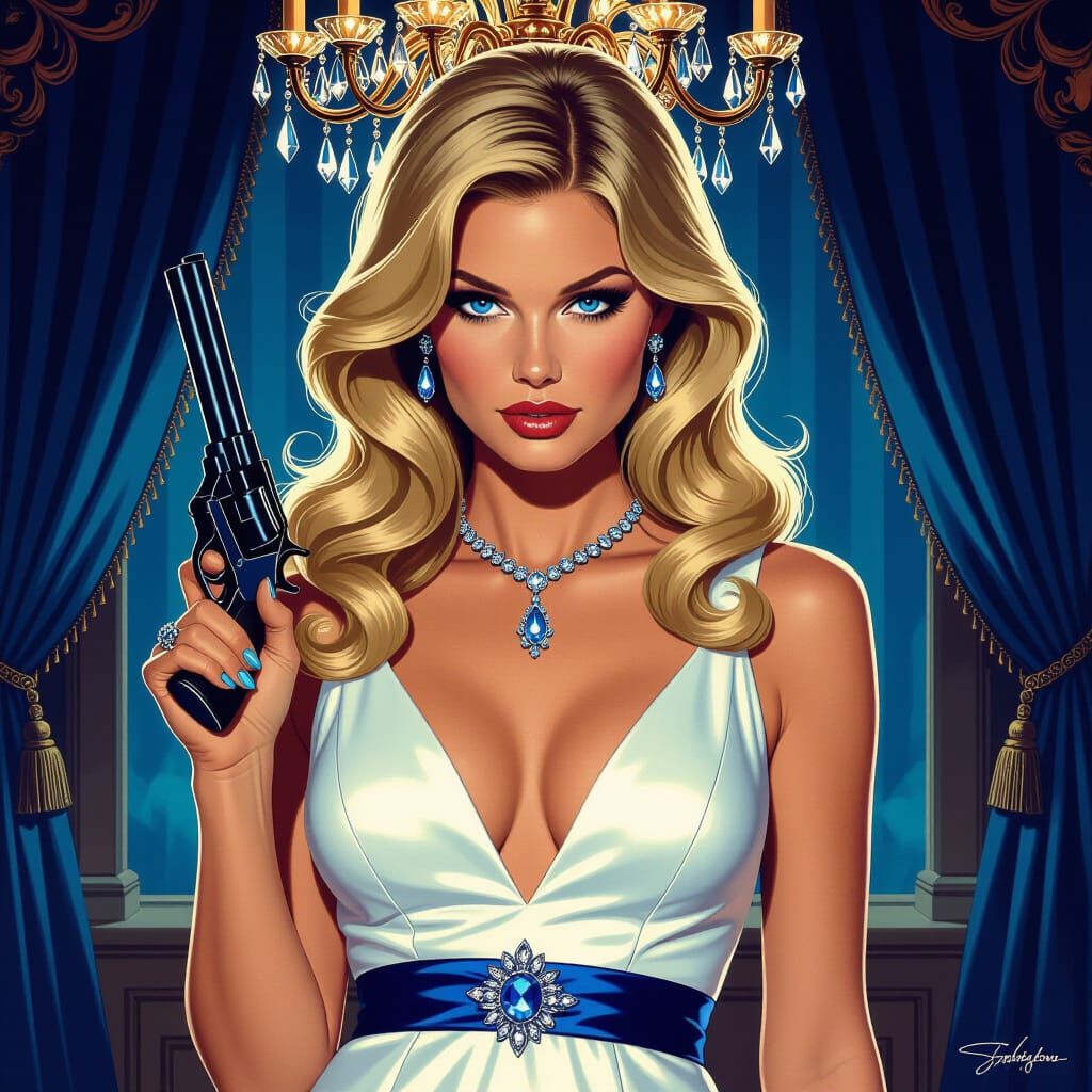 Blonde Woman with Revolver in Lavish Mansion
