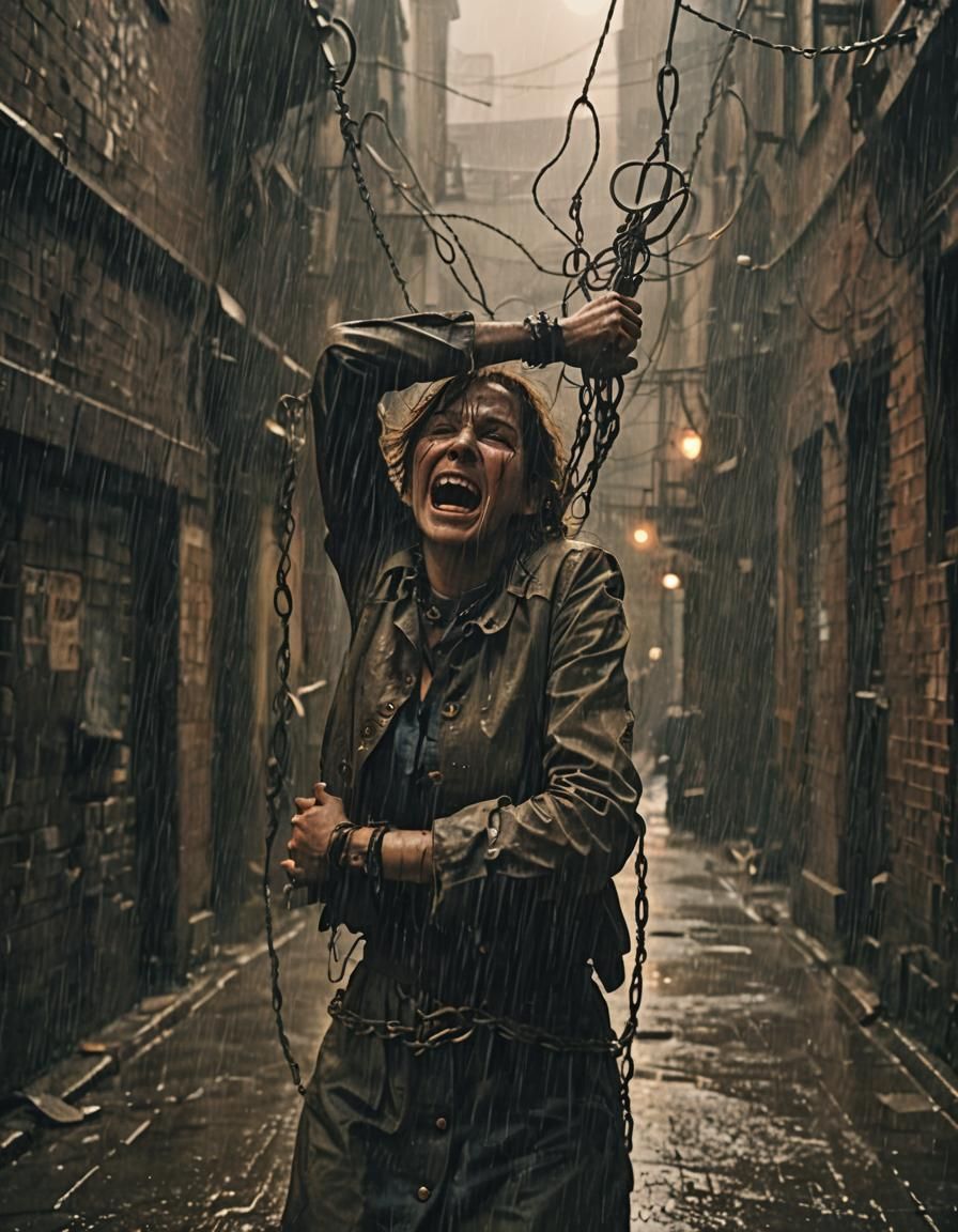 Desperate Woman Bound in Dystopian Alleyway