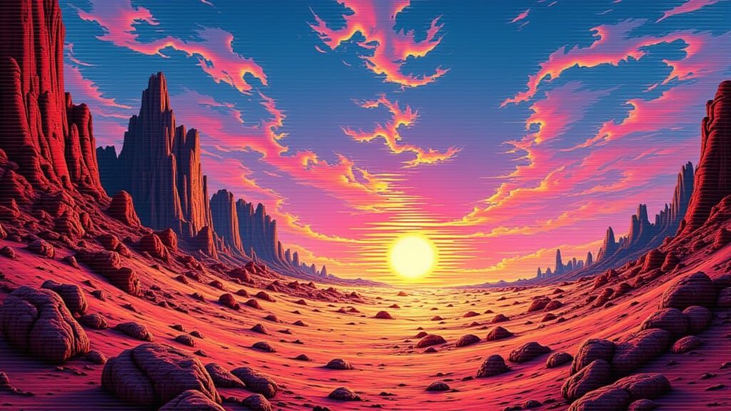 Surreal Desert Landscape with Digital Decay in 8K