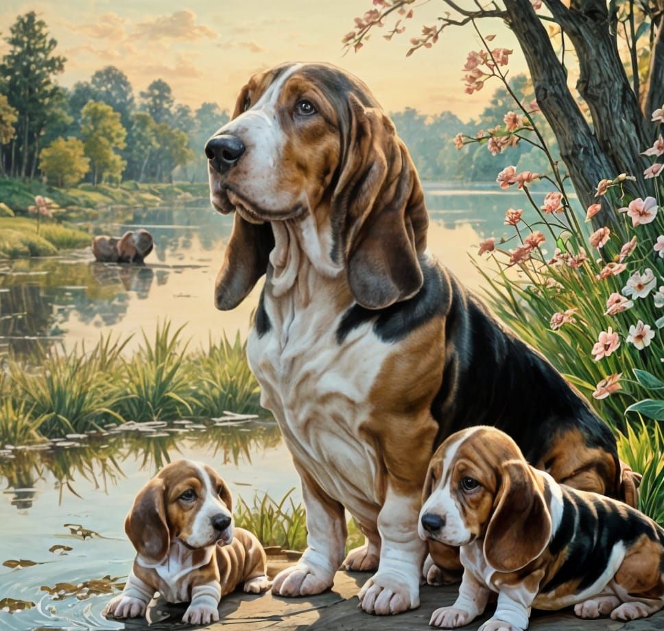 Basset Hound Family by Lake in Serene Matte Painting Style