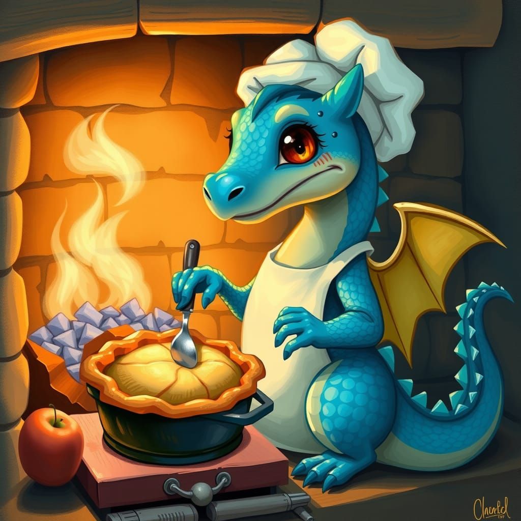Cute Blue Dragon Bakes Apple Pie, Neo-Impressionist