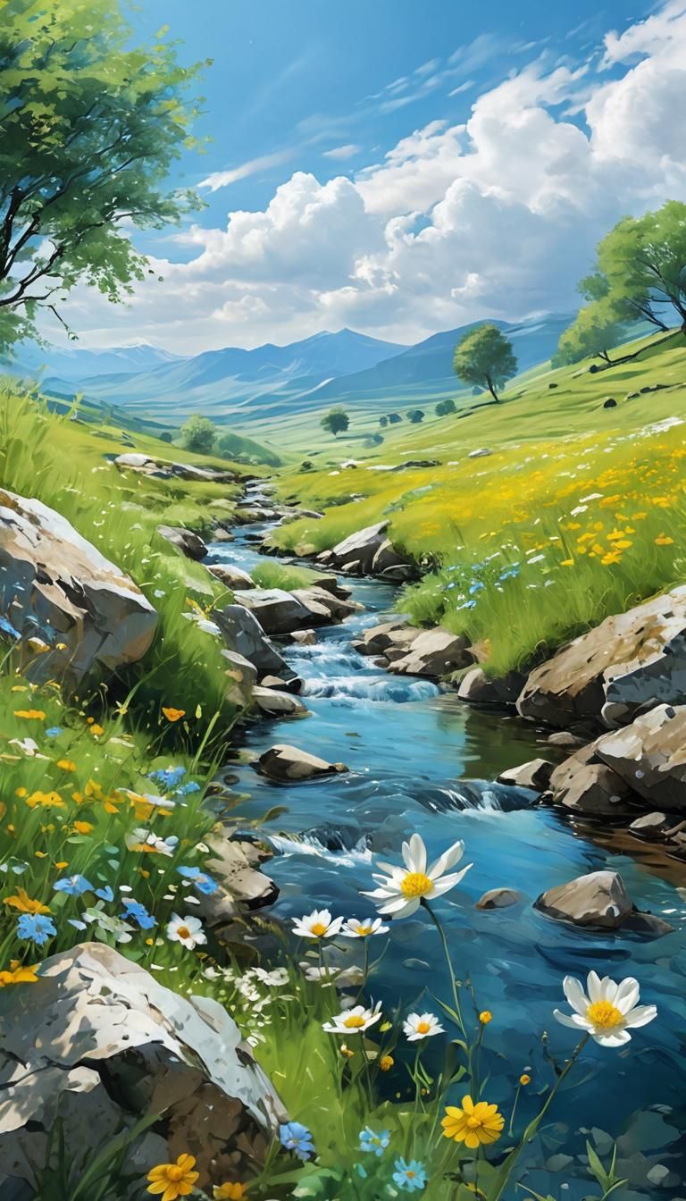 Blue Stream Flowing Through a Stone Meadow