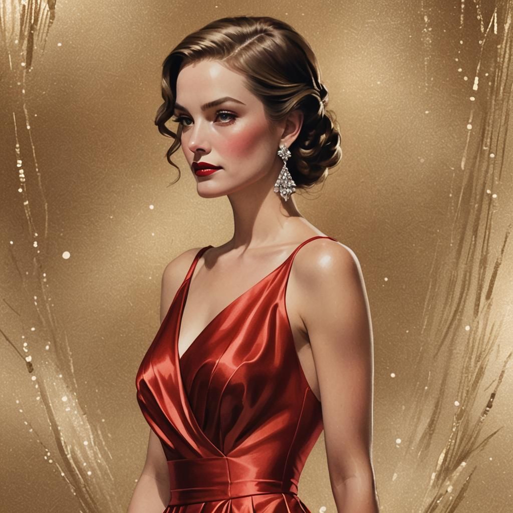 Elegant Woman in Red Satin Gown, Hollywood Regency