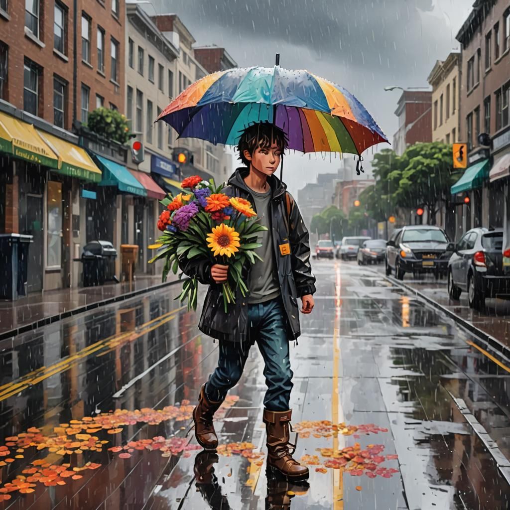 Boy in Rainy Pixel Art Street Scene