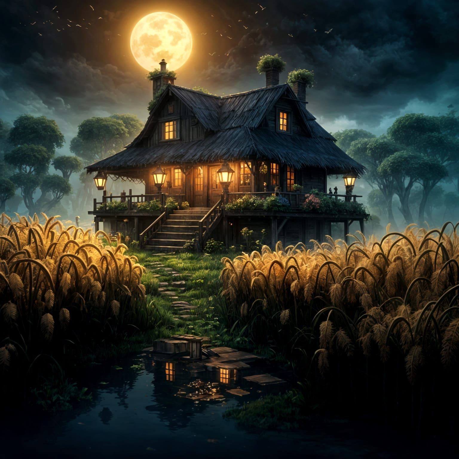 Noir Farmhouse on Floating Island, Detailed Matte Painting
