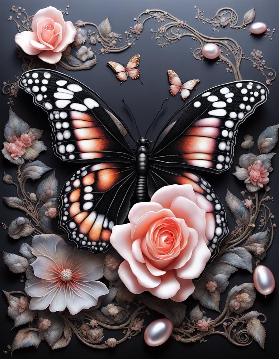 Translucent Butterfly and Pearl Lotus Flower in 3D