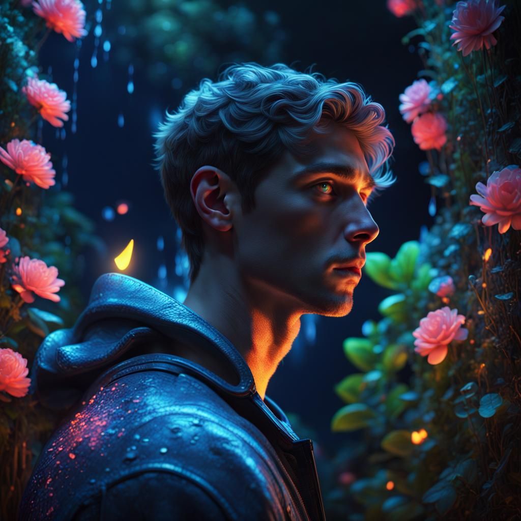 Neon Lit Young Man in Dark Garden