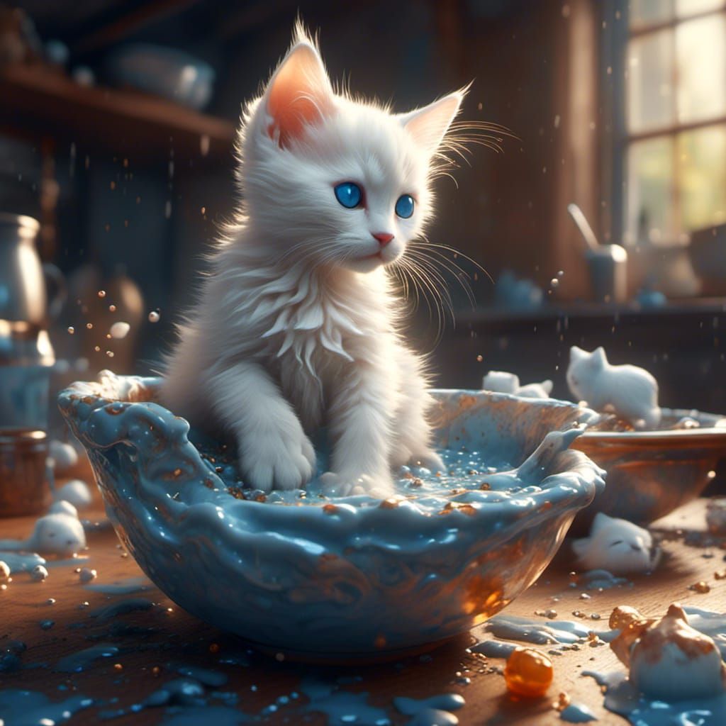 Kitten in Milk Bowl: Detailed Matte Painting