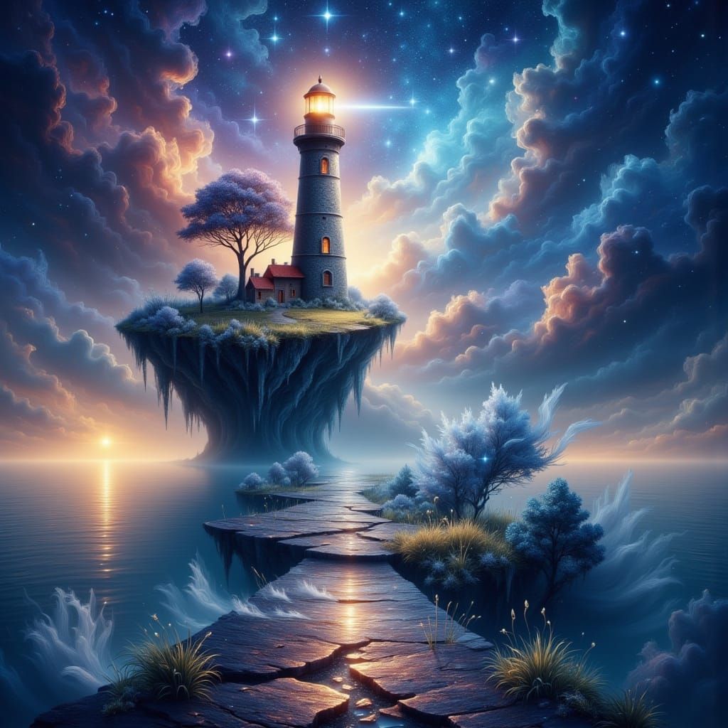 Fantasy Lighthouse on Floating Island in Nebula