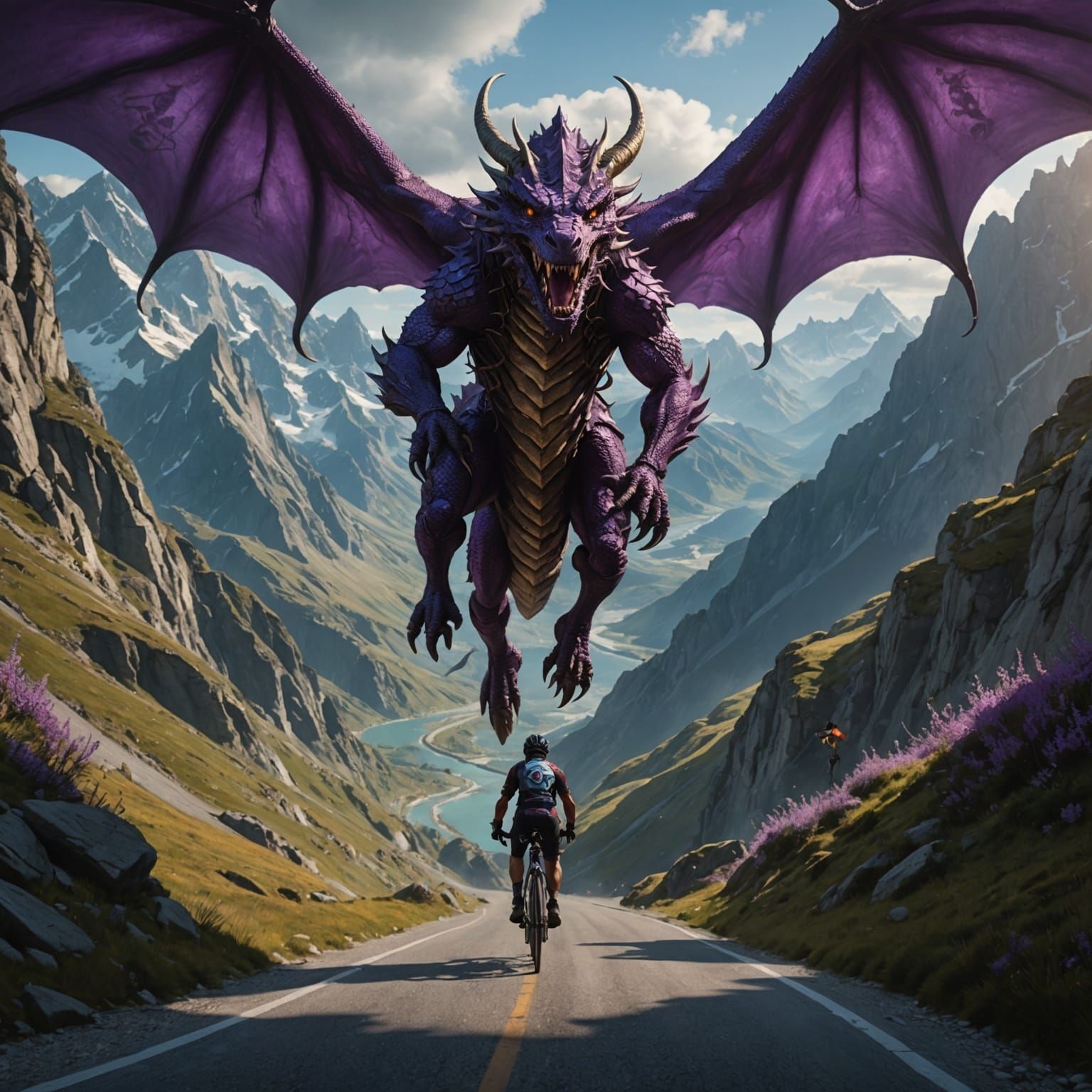 Cyclist Races Dragon: Dark Fantasy Concept Art