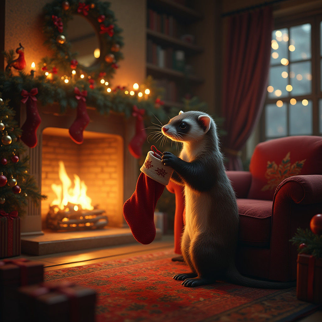 Festive Ferret Decorates Fireplace in Dreamlike Fantasy