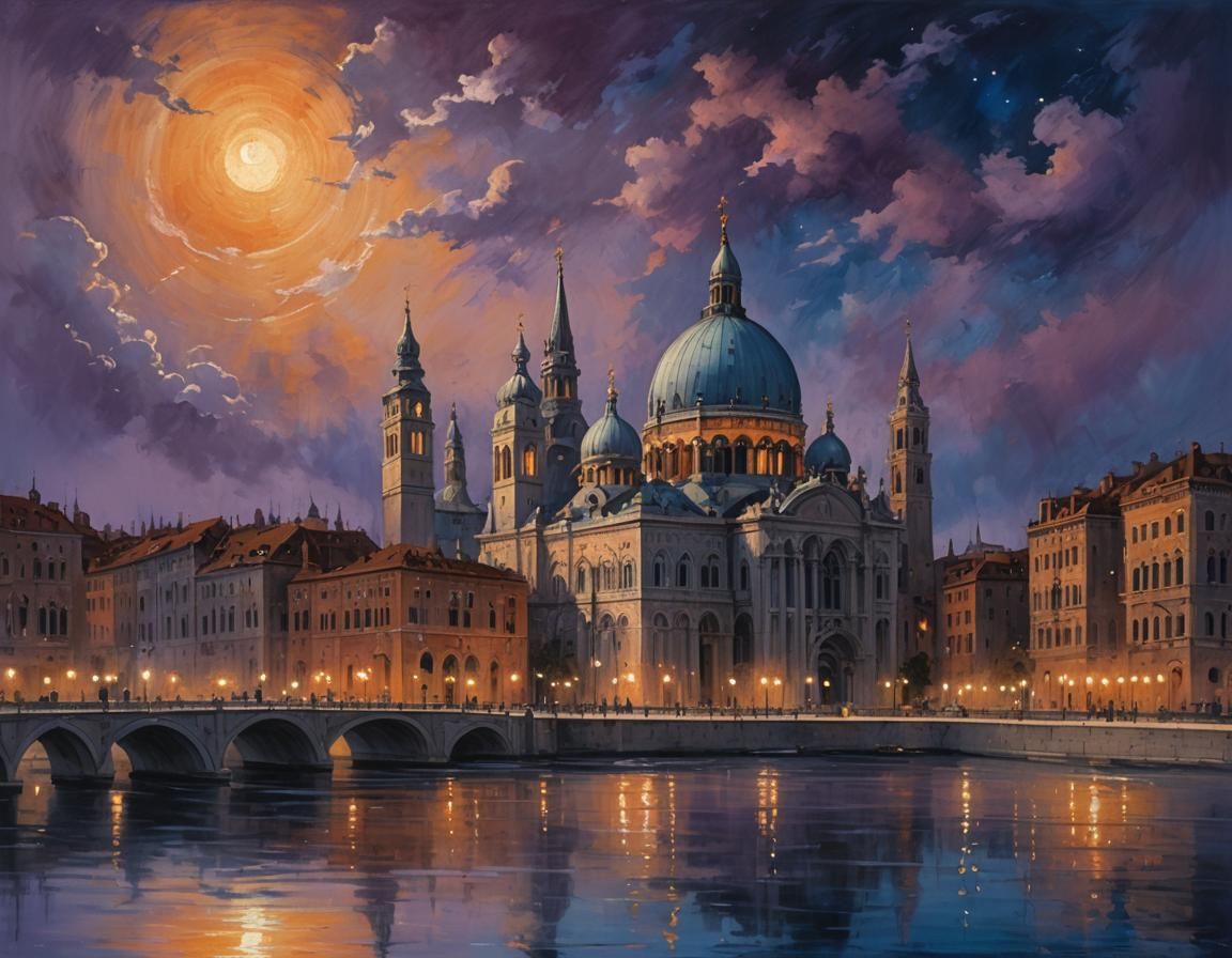 St. Mark's Basilica Under Fiery Moon as Oil Painting