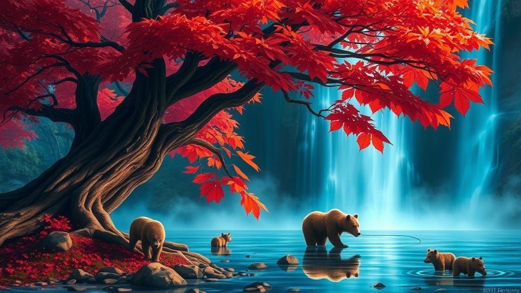 Fantasy Painting: Ancient Tree, Waterfall, Fishing Bears
